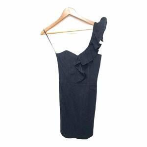 Isabel Lu Black Embroidered Mini Ruffle One Shoulder‎ Dress XS